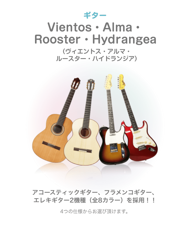 ギター Vientos・Alma・Rooster・Hydrangea （ビエントス・アルマ・ルースター・ハイドランジア）アコースティックギター、フラメンコギター、エレキギター2機種（全8カラー）を採用！！4つの仕様からお選び頂けます。