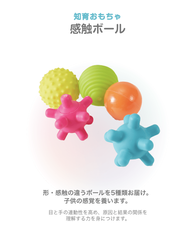 知育おもちゃ 感触ボール 形・感触の違うボールを5種類お届け。子供の感覚を養います。目と手の連動性を高め、原因と結果の関係を 理解する力を身につけます。