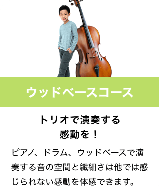 ウッドベースコース　トリオで演奏する感動を！　ピアノ、ドラム、ウッドベースで演奏する音の空間と繊細さは他では感じられない感動を体感できます。