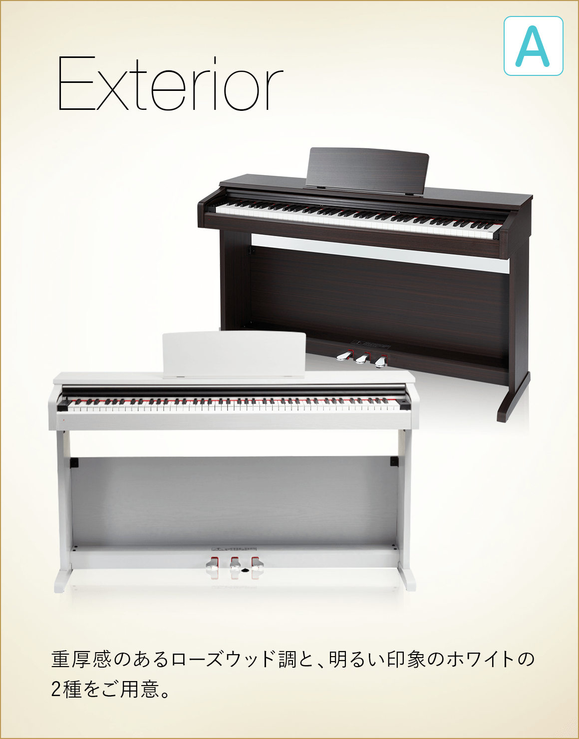 A  Exterior　生厚感のあるローズウッド調と、明るい印象のホワイトの2種をご用意。