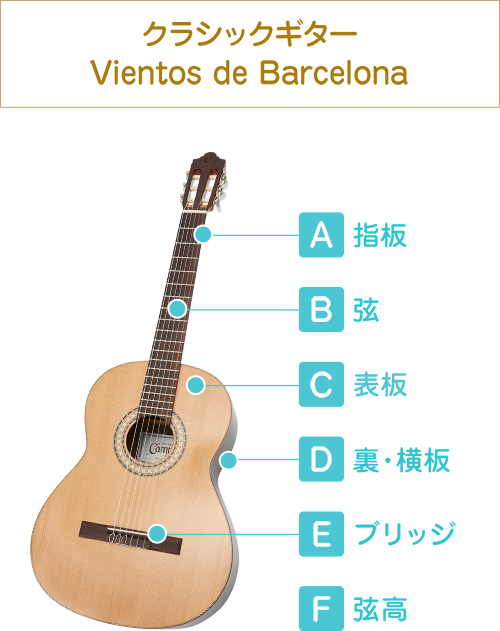クラシックギター　Vientos de Barcelona  A 指板　B　弦　C　表板　D　裏・横板　E　ブリッジ　F　弦高