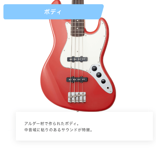 ボディ　アルダー材で作られたボディ。中音域に粘りのあるサウンドが特徴。