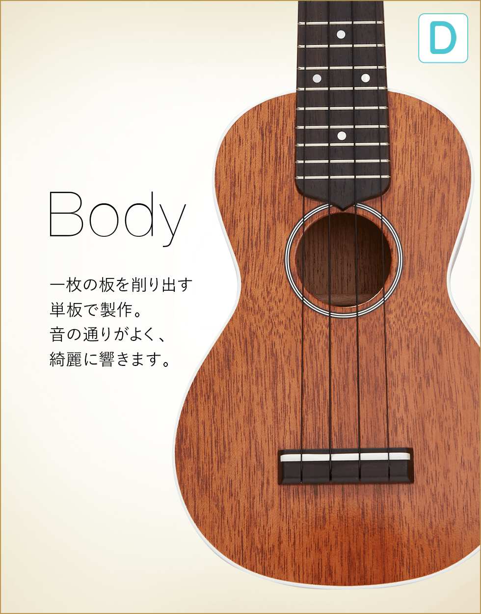 D  Body 一枚の板を削り出す単板で製作。音の通りがよく、綺麗に響きます。