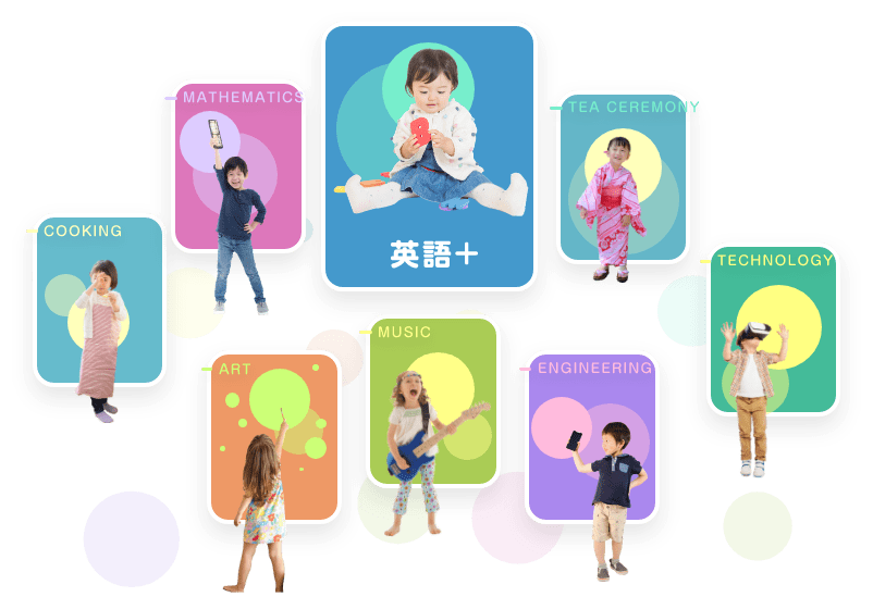 英語＋　TEA CEREMONY　TECHNOLOGY　ENGINEERING　MUSIC　ART　COOKING　MATHEMATICS