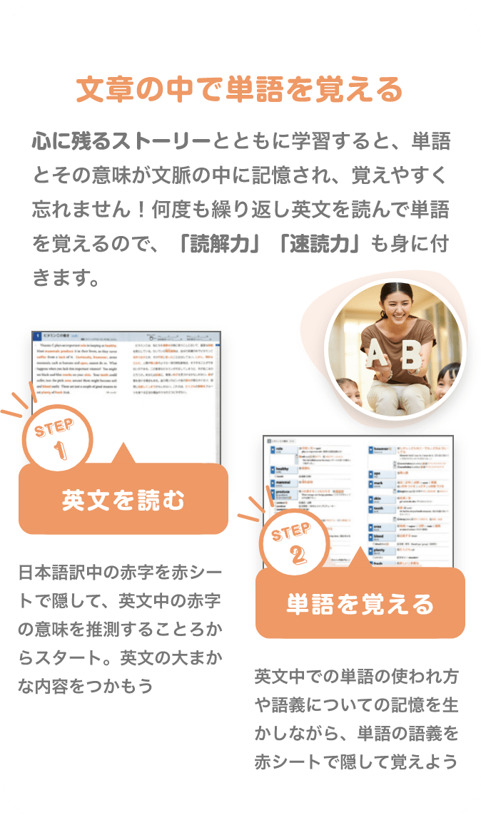 文章の中で単語を覚える　心に残るストーリーとともに学習すると、単語とその意味が文脈の中に記憶され、覚えやすく忘れません！何度も繰り返し英文を読んで単語を覚えるので、「読解力」「速読力」も身に付きます。　ステップ１　英文を読む　日本語訳中の赤字を赤シートで隠して、英文中の赤字の意味を推測することろからスタート。英文の大まかな内容をつかもう　ステップ２　単語を覚える　英文中での単語の使われ方や語義についての記憶を生かしながら、単語の語義を赤シートで隠して覚えよう