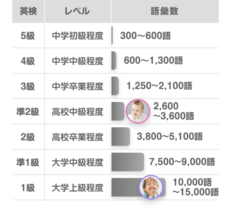 英検　レベル　語彙数　５級　中学初級程度　３００〜６００語　５級中学中級程度　６００〜１３００語　３級　中学卒業程度　１２５０〜２１００語　準２級　高校中級程度　２６００〜３６００語　２級　大学中級程度　７５００〜９０００語　１級　大学上級程度　１００００〜１５０００語