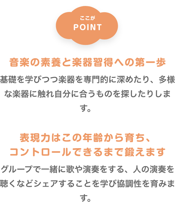 ここがPOINT　「音楽の素養と楽器習得への第一歩」　基礎を学びつつ楽器を専門的に深めたり、多様な楽器に触れ自分に合うものを探したりします。　「表現力はこの年齢から育ち、コントロールできるまで鍛えます」　グループで一緒に歌や演奏をする、人の演奏を聴くなどシェアすることを学び協調性を育みます。