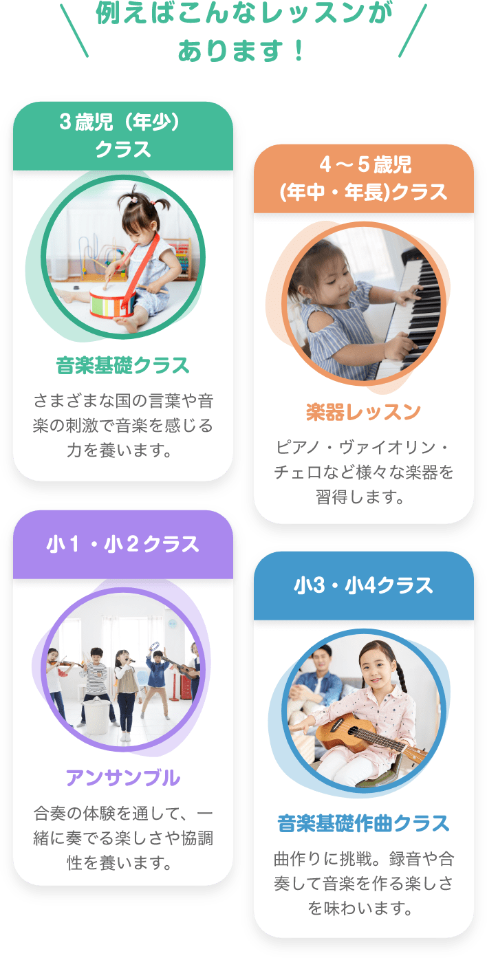 ＼例えばこんなレッスンがあります！／　３歳児（年少）クラス　音楽基礎クラス　さまざまな国の言葉や音楽の刺激で音楽を感じる力を養います。　４〜５歳児(年中・年長)クラス　楽器レッスン　ピアノ・バイオリン・チェロなど様々な楽器を習得します。　小１・小２クラス　アンサンブル　合奏の体験を通して、一緒に奏でる楽しさや協調性を養います。　小3・小4クラス　音楽基礎作曲クラス　曲作りに挑戦。録音や合奏して音楽を作る楽しさを味わいます。