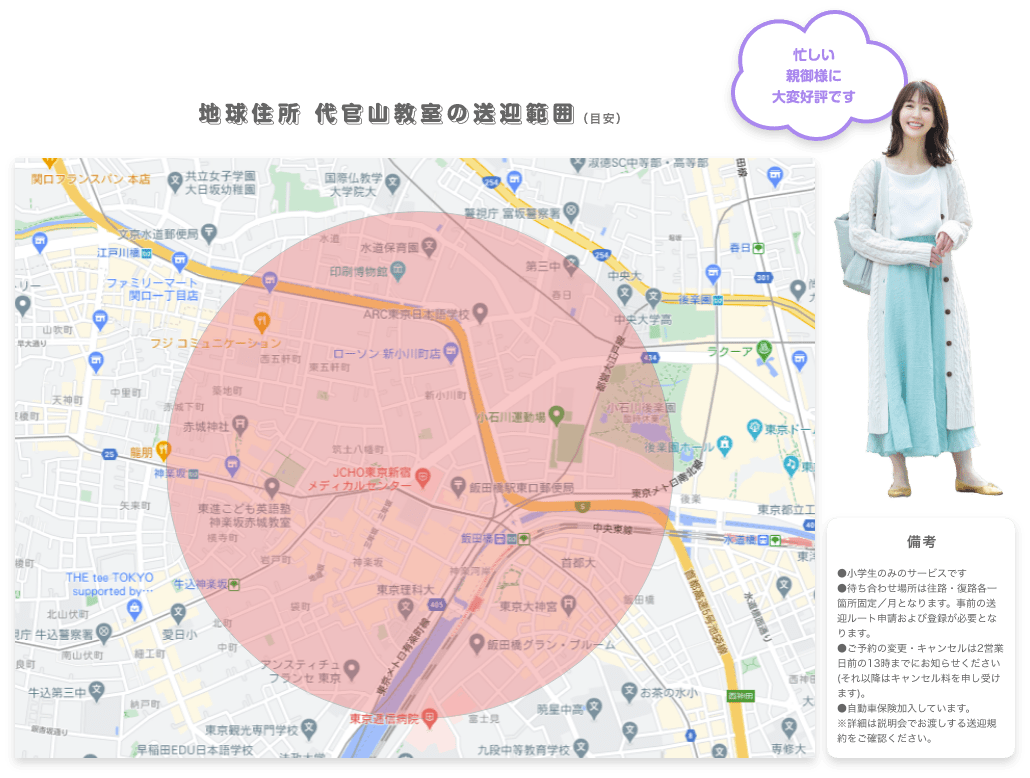 地球住所 代官山教室の送迎範囲（目安）　「忙しい親御様に大変好評です」　備考　●小学生のみのサービスです●待ち合わせ場所は往路・復路各一箇所固定／月となります。事前の送迎ルート申請および登録が必要となります。●ご予約の変更・キャンセルは2営業日前の13時までにお知らせください (それ以降はキャンセル料を申し受けます)。●自動車保険加入しています。※詳細は説明会でお渡しする送迎規約をご確認ください。